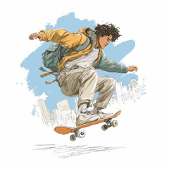Skateboarder performing trick in an urban environment scene art