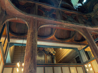A preserved wooden parish church, a stave church, in the countryside of Norway, August, 2025