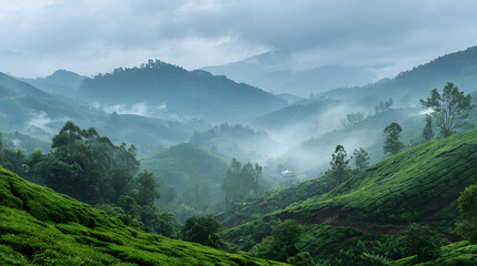 Fototapeta premium Lush Green Hills and Valleys Under a Misty Sky Serene and Tranquil Landscape Photography in the Highlands