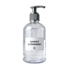 Transparent hand sanitizer pump bottle, isolated, with a clear liquid and silver pump