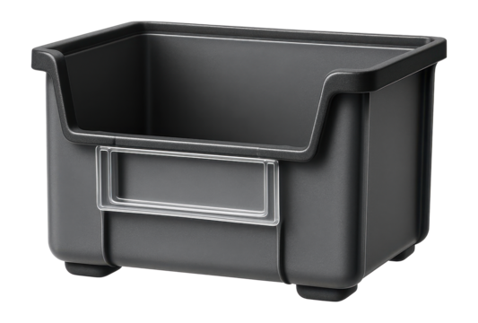 Medium-sized plastic storage bin with a built-in label holder for a classroom setting.