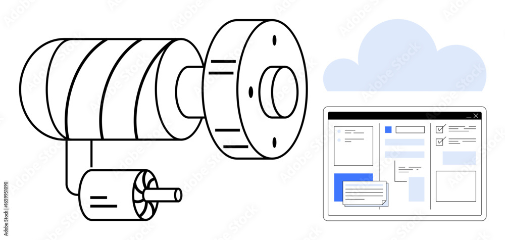 Poster industrial machine part linked to software interface under a cloud, representing iot, automation, co