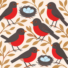 Robin Nest Blue Eggs Bird Cute Wildlife Nature Tree Branch Red Breast Graphic Print Design in Vector