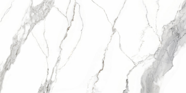 Modern statuario marble, with thin and thick vertical veining patterns, is used in interior kitchen or bathroom ceramic tile designs, featuring a grey and brown color natural texture background.