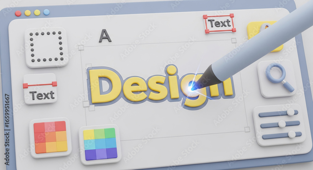 Poster stylized 3d graphic of a digital design interface, showcasing the word 