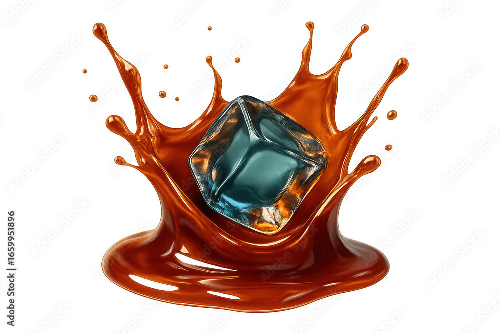 Poster ice cube making a splash in a brown liquid, isolated on transparent background, perfect for refreshi