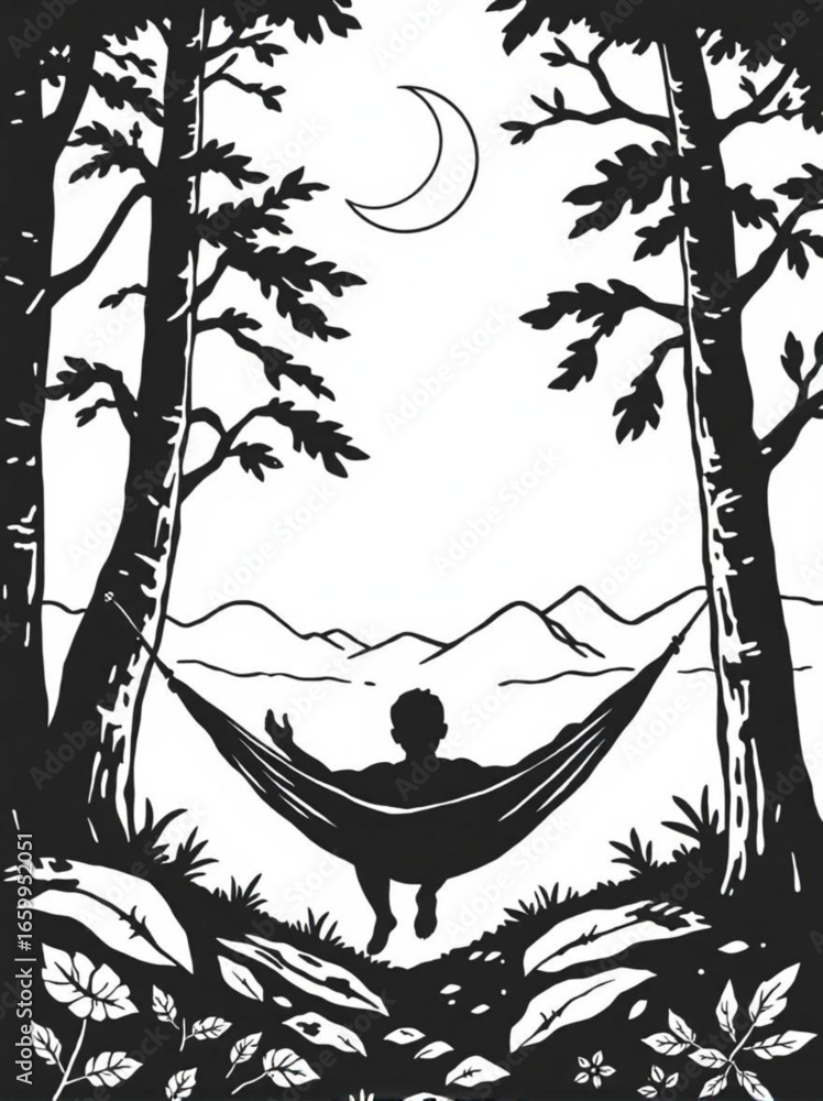 Poster minimilist silhouette of a person in a hammock between trees under a crescent moon with mountains in