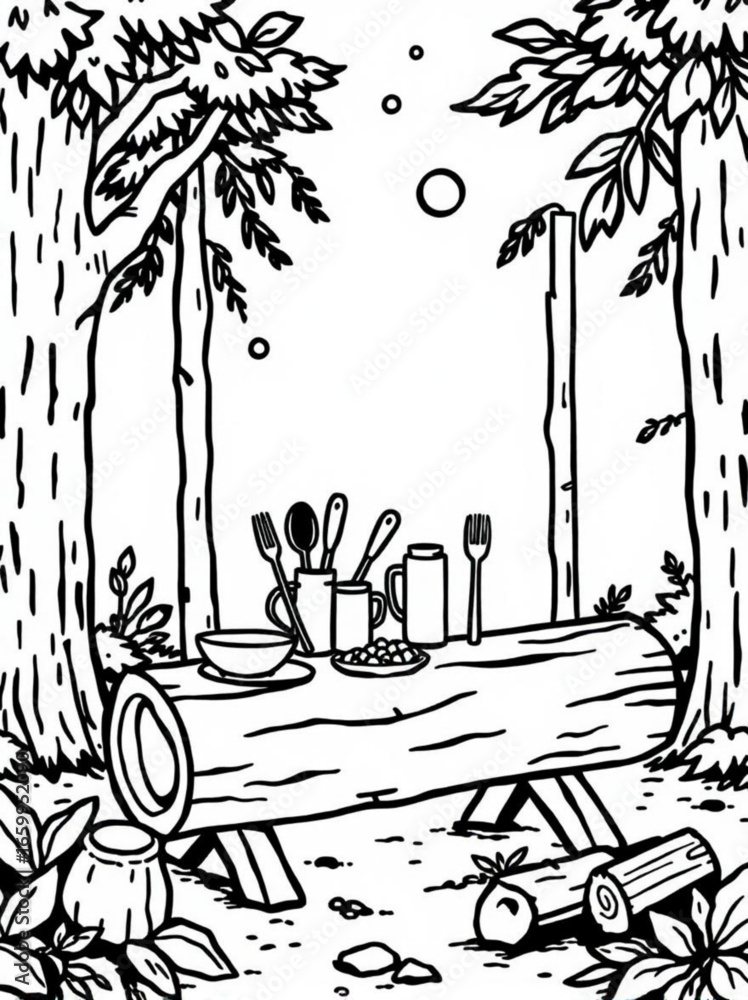 Poster minimilist illustration of a camping scene with a log table set with dishes and utensils in a forest