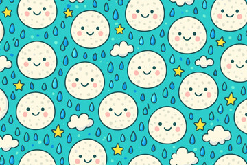 Happy Moon Rain Pattern Cute Seamless Design