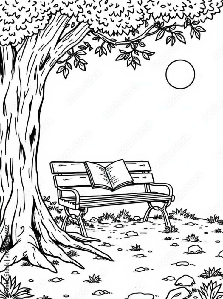 Poster minimilist illustration of a park bench with a book under a tree with leaves and a moon in the backg