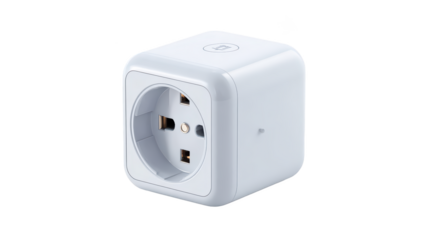 White smart cube plug with socket & button, black background