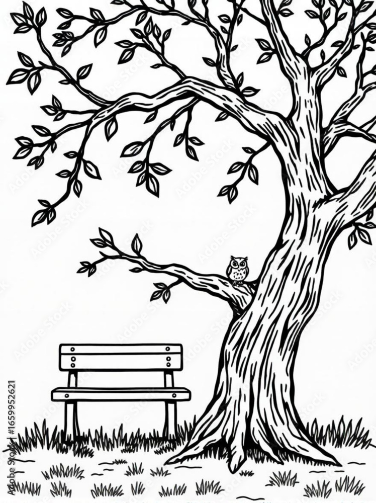Poster minimilist illustration of a tree with an owl on a branch and a bench in the grass in black and whit
