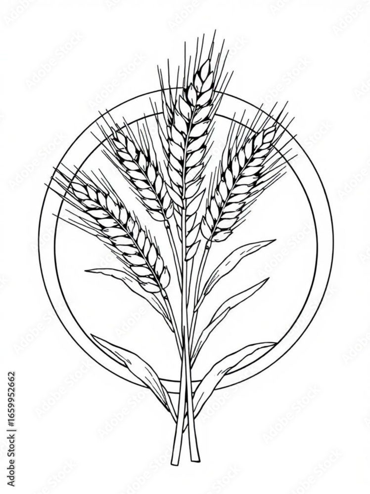 Poster minimilist illustration of wheat stalks within a circle outline in black and white style drawing des