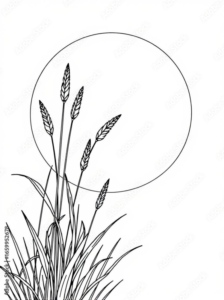 Poster minimilist line art illustration of tall grass and grain stalks against a circular background elemen