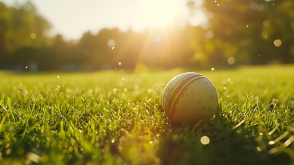 A close-up of cricket ball placed on the seam, grassy field texture