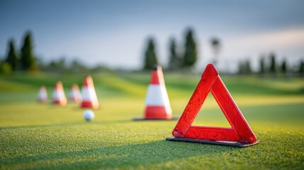 Safety cones in a golf course setting with a beautiful landscape, conveying alertness and caution during golfing activities and practice sessions