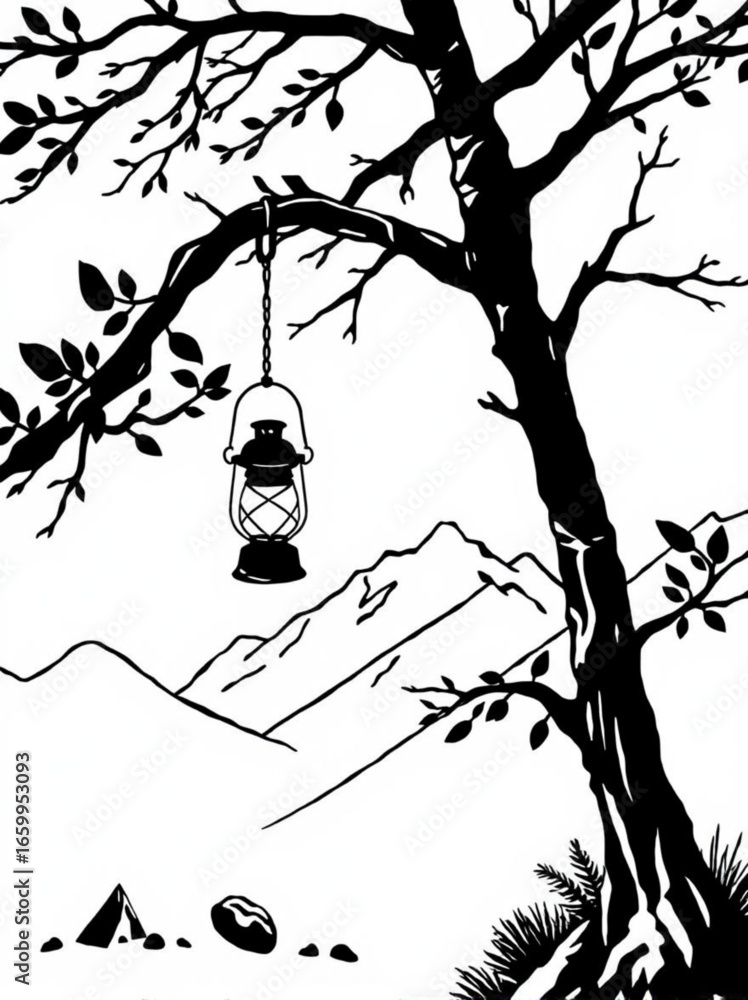 Poster minimilist black and white drawing of a lantern hanging from a tree with mountains in the background