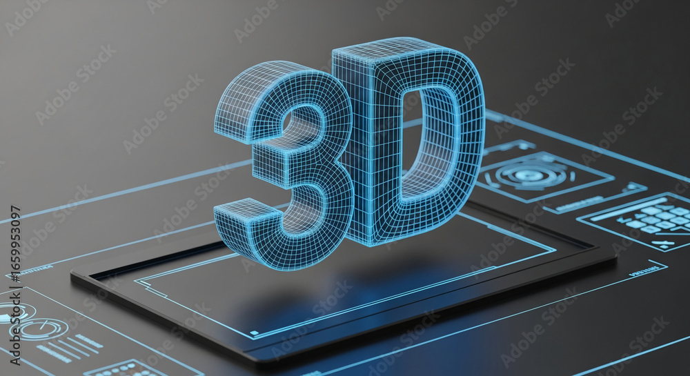 Poster wireframe 3d model digits on dark surface, digital design concept, showcasing technological advancem