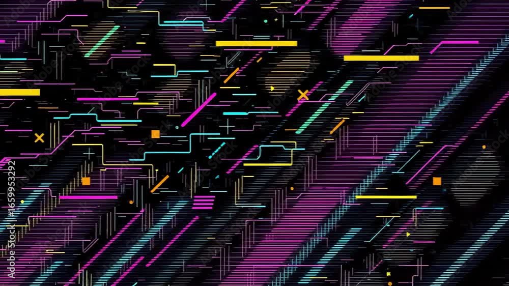 Poster futuristic cyberpunk animation with colorful glowing neon grid abstract digital data motion in 4k vi