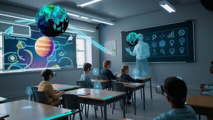 Students using VR headsets in futuristic classroom with holographic teacher and 3D planets, symbolizing digital education and immersive learning. - Powered by Adobe