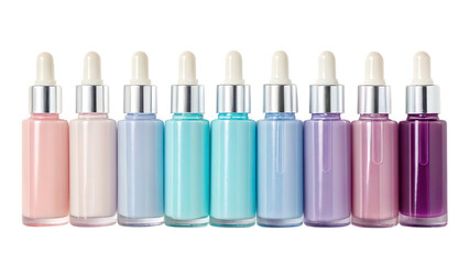 Obraz premium A pastelcolored collection of serum bottles isolated on transparent background features a range of blue and purple hues, each bottle containing a unique skincare formulation with a dropper