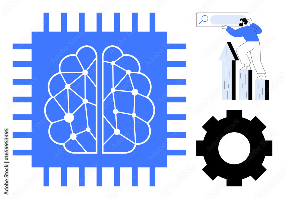 Aufkleber neural brain chip symbolizing ai, man analyzing growth chart, gear for technology. ideal for innovat
