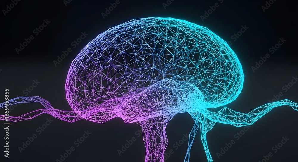 Poster artificial intelligence brain network with glowing nodes and connections in blue and purple.