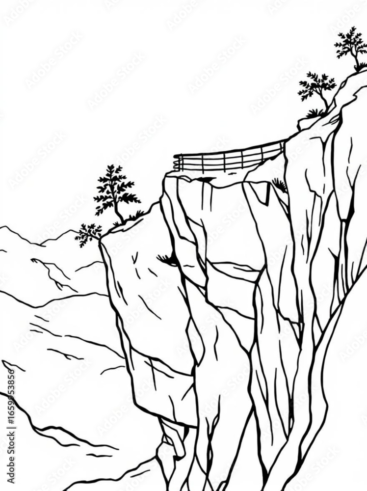 Aufkleber minimilist illustration of a cliffside with trees and a viewing platform in black and white outline 