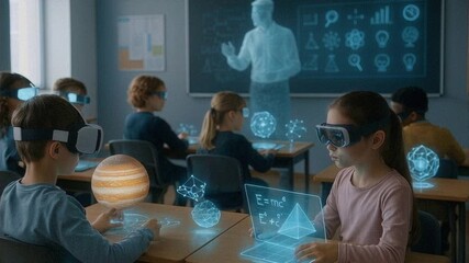 Students using AR glasses in futuristic classroom with holographic teacher and 3D models, symbolizing digital education and immersive learning - Powered by Adobe