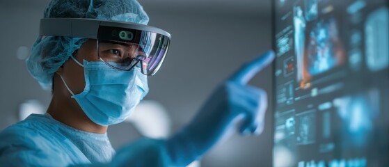 Medical professional using augmented reality technology in a healthcare setting to analyze patient data and medical imaging in a futuristic environment