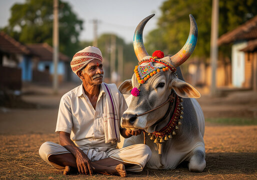 Elderly Indian man with festive bull companion