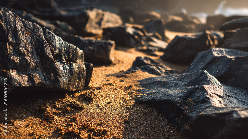 Poster close up of dark rocks scattered on a sandy surface under a soft light source from above