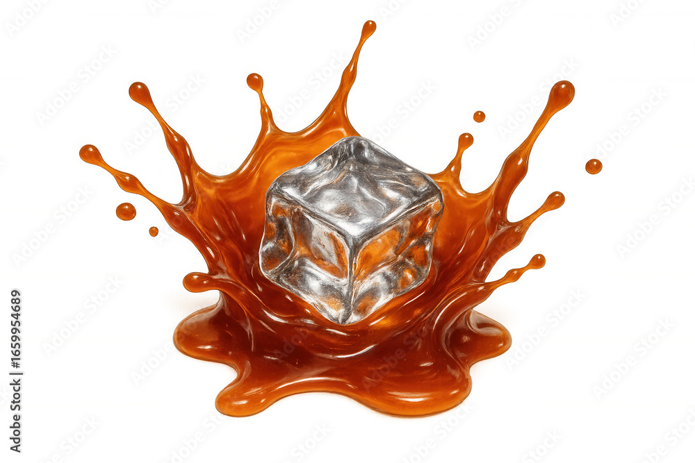 Poster ice cube dropping into vibrant orange liquid, creating dynamic splash against transparent backdrop f