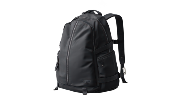 Sleek black backpack with multiple pockets and straps, designed for daily use