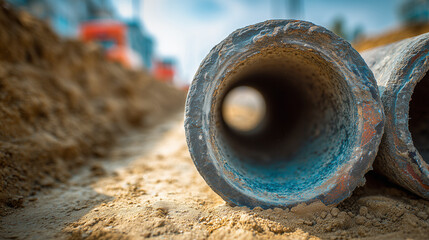 Utilities underground cement pipes lay in a construction site with exposed earth and machinery in background