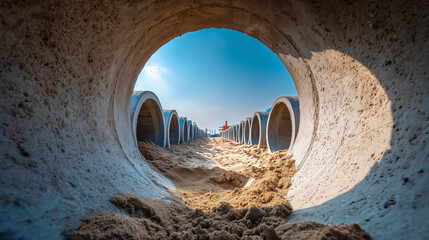 Utilities underground cement pipes laying on a construction site under a clear blue sky with sandy ground