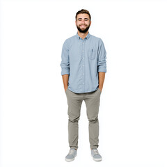Fototapeta premium Young adult man stands confidently with hands in pockets against a plain background