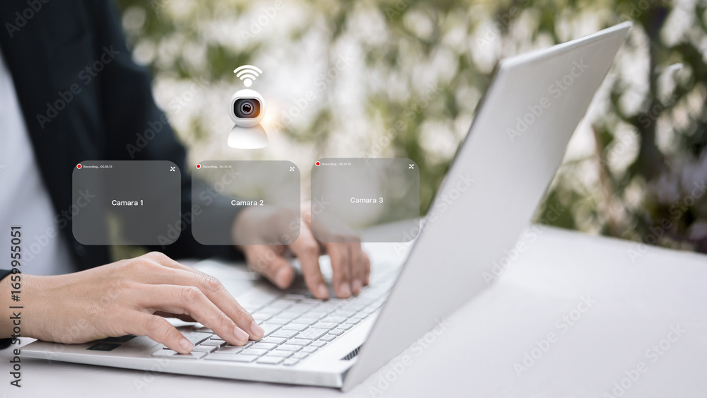 Poster online security surveillance system with multiple camera monitoring on laptop