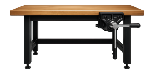 Heavy-duty combined workbench with a solid wood top and integrated steel vice for a carpentry workshop.