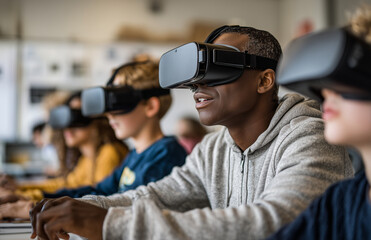 Students engaged in virtual reality learning in a classroom setting