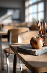 Clean classroom desks arranged neatly with apple and pencils ready for the next lesson in a bright learning environment