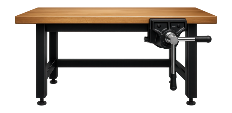 Heavy-duty combined workbench with a solid wood top and integrated steel vice for a carpentry workshop.
