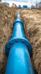 Blue PVC pipes installed underground for utility services in a construction site