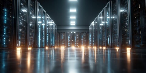 Data center corridor with server racks and glowing lights 