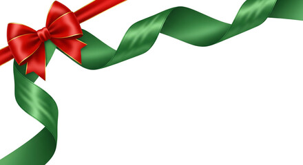 Green ribbon with red bow on top left corner, transparent and white background, PNG image.


