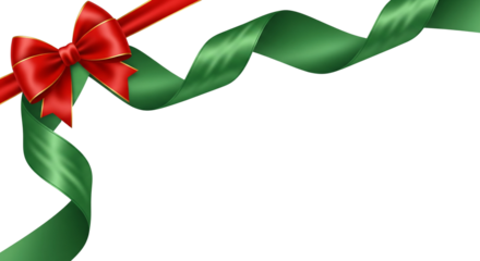 Green ribbon with red bow on top left corner, transparent and white background, PNG image.


