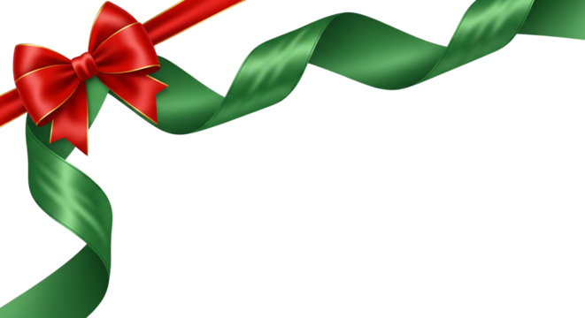 Green ribbon with red bow on top left corner, transparent and white background, PNG image.



