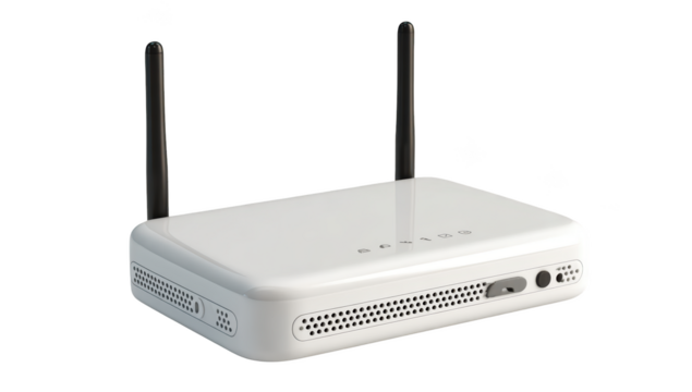 White wireless router with two antennas for home or office internet