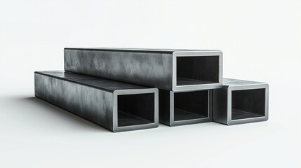 Four steel rectangular tubes stacked vertically on clean white background, minimalist industrial design showcasing metallic texture and geometric precision