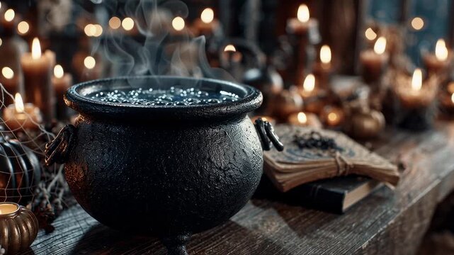 An old witch's cauldron filled with boiling potion with candles and an old book on a wooden table creates a charming and magical Halloween atmosphere